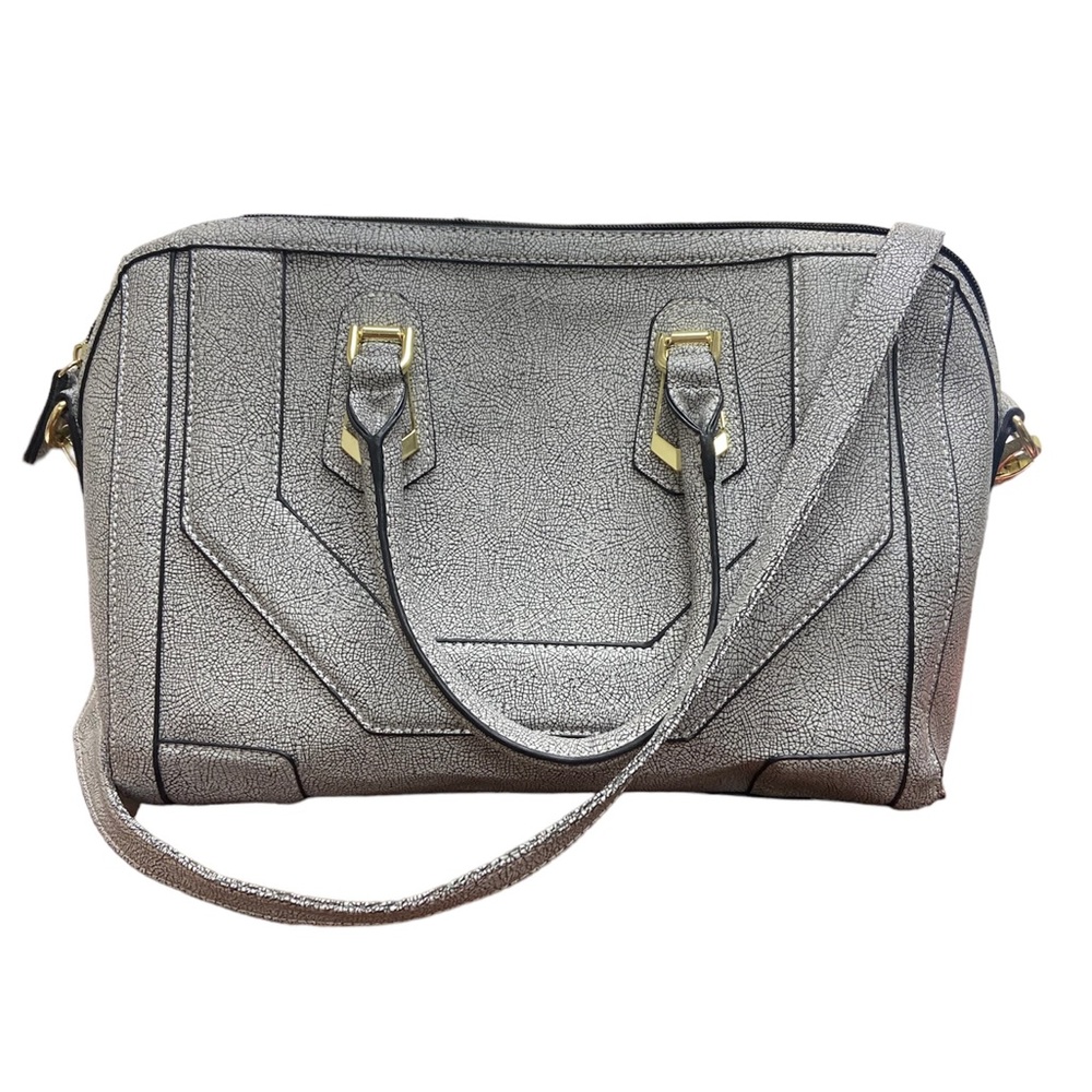Light Gray Synthetic Leather Like Satchel. Gold Details.